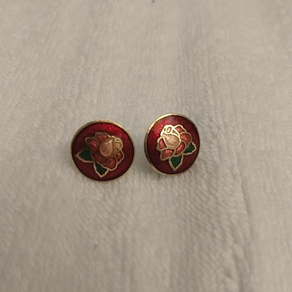 Red rose vintage enamel earrings